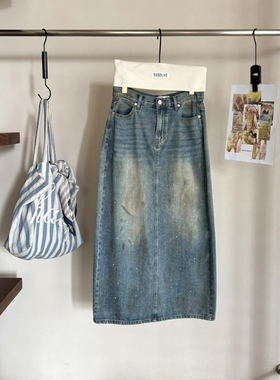 MADEIN OST-26年早春脏脏做旧直筒牛仔裙57025-1