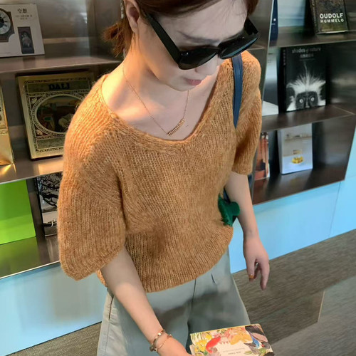 IU ROOM 韩系简约V领马海毛短袖针织衫女宽松显瘦毛衣上衣1653