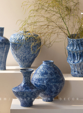 景德镇锤纹陶瓷花瓶客厅插花新中式玄关装饰品覆古花器粗陶罐花盆