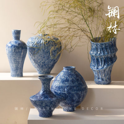 景德镇锤纹陶瓷花瓶客厅插花新中式玄关装饰品复古花器粗陶罐花盆