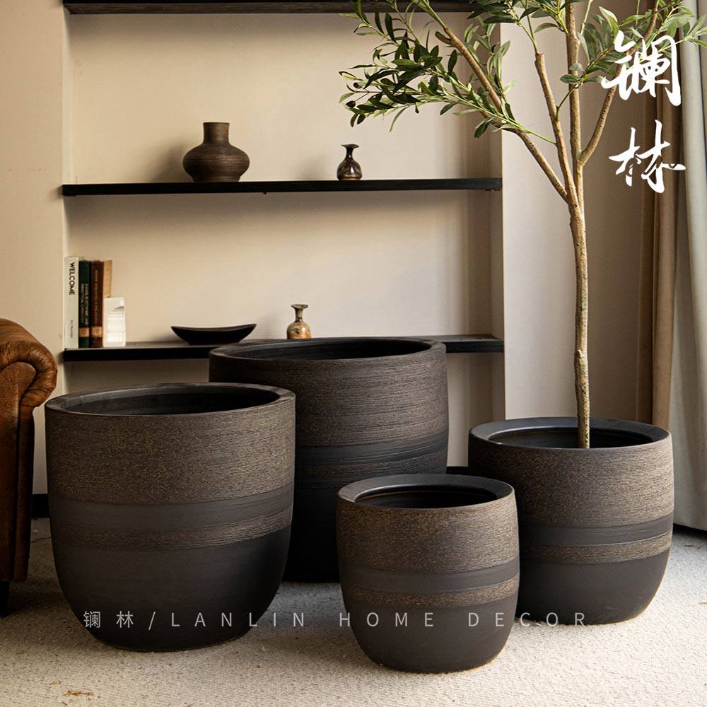 景德镇复古陶瓷花盆侘寂风创意室内景观客厅插花水培落地装饰潮鸣