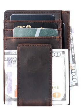 手工天然头层纯牛皮疯马皮零钱包男士复古真皮卡包现金钞票美金夹