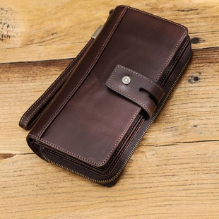 复古天然头层纯全牛皮真皮男士大容量手腕手拿包长款钱包手机包