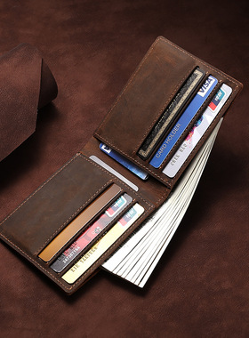 潮男士短款真皮复古手工做旧头层牛皮欧美个性青年横款钱夹小钱包