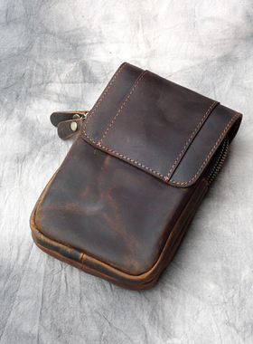 男士复古疯马皮挂包头层牛皮真皮大屏7英寸手机烟包工地户外腰包