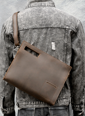 潮男士手工真皮复古疯马皮手拿包单肩包公文包斜挎包文件包ipad包