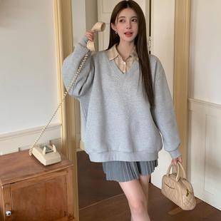 拼接假两件加绒卫衣女套头休闲宽松上衣秋冬慵懒风 BETMASS新款