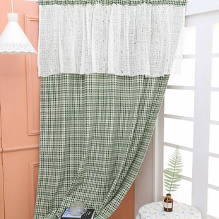湛蓝原创布艺成品窗帘简约格子飘窗帘隔断帘宿舍免打孔卧室遮挡帘