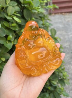 天然二代蜜蜡琥珀黄玉石雕佛像摆件招财弥勒佛桌面装饰品工艺品