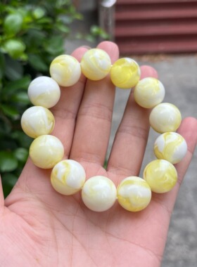 天然二代蜜蜡手串男女款鸡油黄金绞蜜瓷白飘花琥珀手链圆珠饰品33