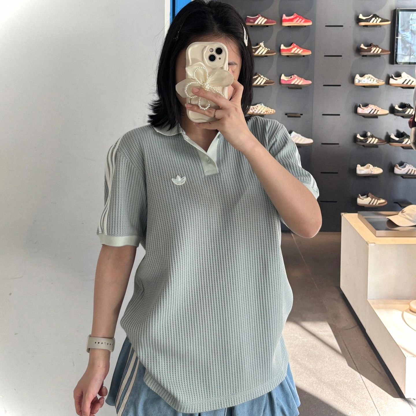 奥特莱斯撤柜清仓夏日清新华夫格POLO领短袖女宽松透气休闲上衣男