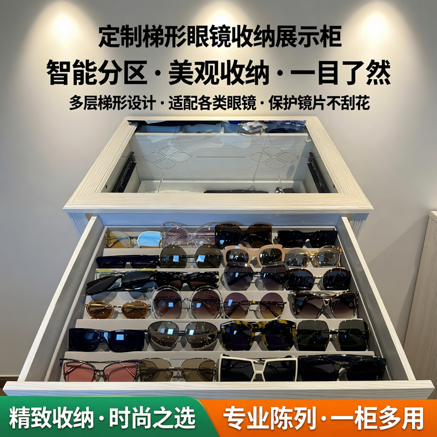 定制梯形商场影院柜台货架墨镜光学镜眼镜抽屉收纳展示格隔层托盘
