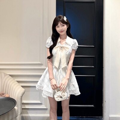 桔梗house 浅蓝蝶梦 甜美少女风蝴蝶结格子收腰显瘦连衣裙夏日