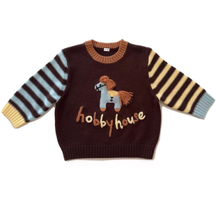 新年生肖款快乐小马刺绣撞色羊毛套头衫