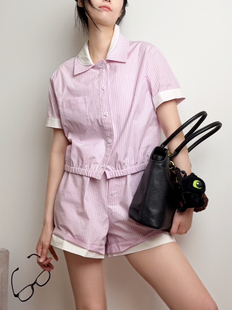 缪感娃娃领叠穿条纹上衣女夏款 上衣 设计感衬衫