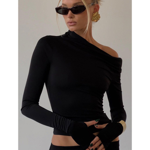 斜肩可水洗针织打底衫