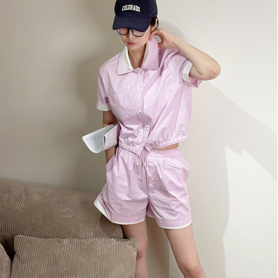 芭蕾粉娃娃领叠穿短袖条纹衬衫套装 送同款条纹头巾