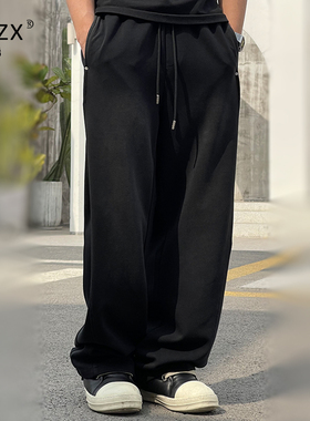 时尚潮牌男士宽松直筒免烫休闲裤2026夏季百搭黑色系绳阔腿长裤