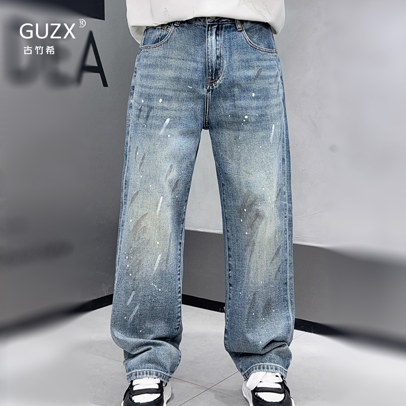 美式复古水洗泼墨涂鸦牛仔裤