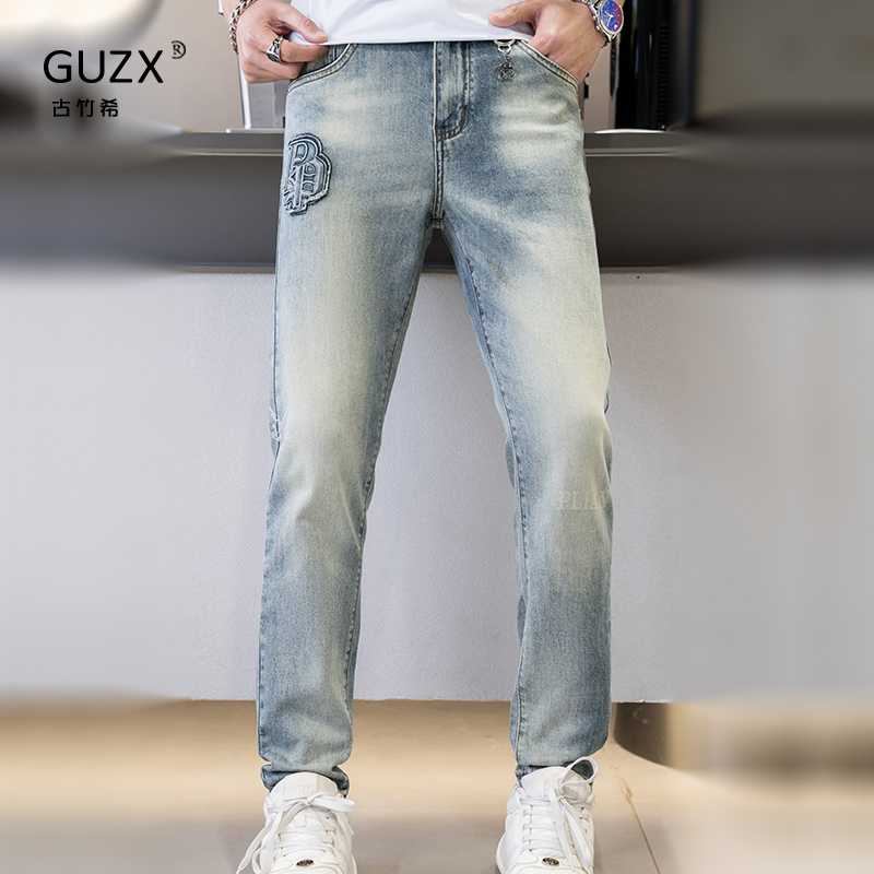 美式贴布字母牛仔裤男士2025夏季薄款潮流修身小脚直筒休闲长裤子