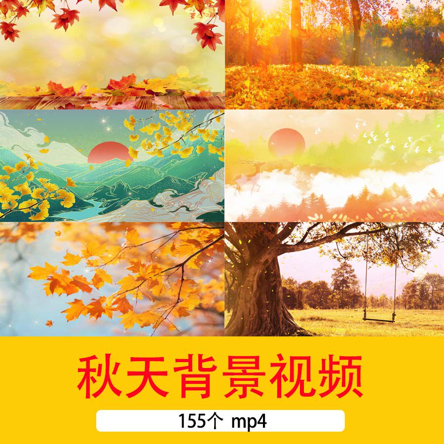 中国风秋天金黄色落叶枫叶自然景色国潮秋天风景LED舞台背景视频