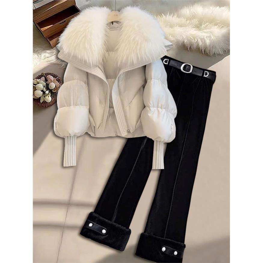 入冬高级感气质搭配一整套穿搭白色大毛领棉服外套休闲裤两件套装,女装/女士精品,大码套装,淘宝优惠券,粉丝福利购,淘宝优惠卷