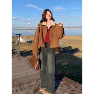 双面穿皮毛一体可羊羔绒外套女小个子时尚气质加厚短款麂皮绒上衣