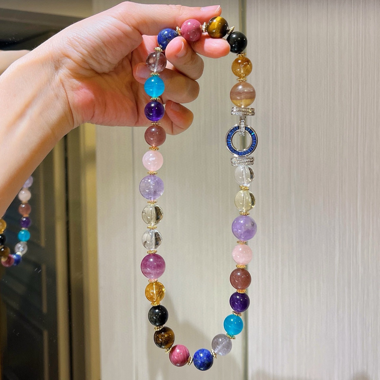 天然水晶虎眼石月光石粉晶项链