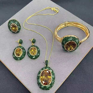 土耳其苏丹石变色石镶嵌绿东陵玉碎石女项链耳环戒指手镯饰品套装