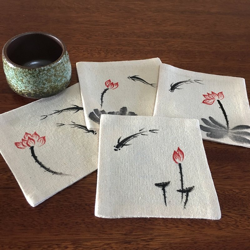 中式日式禅意布艺纯手工手绘茶席茶垫茶杯垫 天然棉麻 茶布杯垫