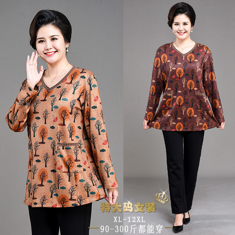 200斤胖妈妈春秋装T恤上衣中老年女装特加肥加大码宽松打底衫时尚