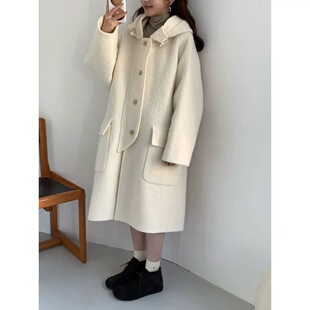 现 bubble韩代冬季egg连帽婴驼绒双面羊绒大衣女单排扣减龄宽松