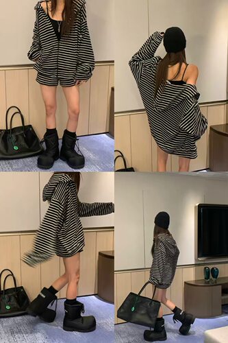 现bubble韩代东大门VIRKIN百搭连帽拉链条纹长袖卫衣短裤实体秒发