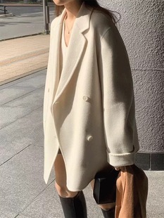 现~bubble韩代韩国东大门ounce双排扣中长款羊绒大衣毛呢外套