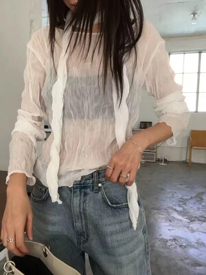 现bubble韩代BREATHE韩国女装 气质褶皱飘带上衣实体秒发不退换