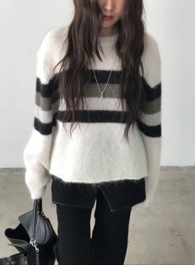 现 bubble韩代东大门NUESE温柔风百搭圆领撞色针织衫毛衣实体秒发