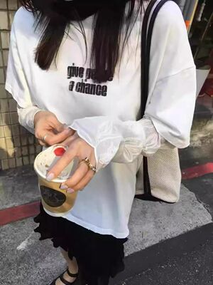 现bubble韩代tempting26新款拼接网纱长袖T恤女实体秒发