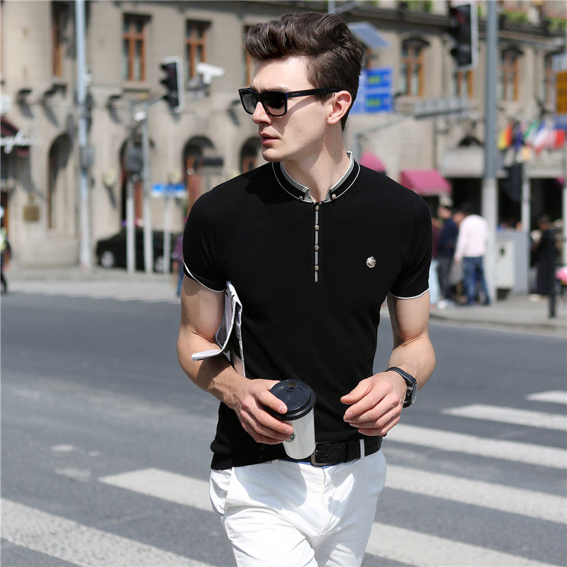 SUMMER STAND-UP COLLAR SHORT SLEEVE T-SHIRT MENS TENCEL TIDE BRAND KNITTED HALF-SLEEVED SLIM BASE SHIRT YOUTH HIGH-END T-SHIRT