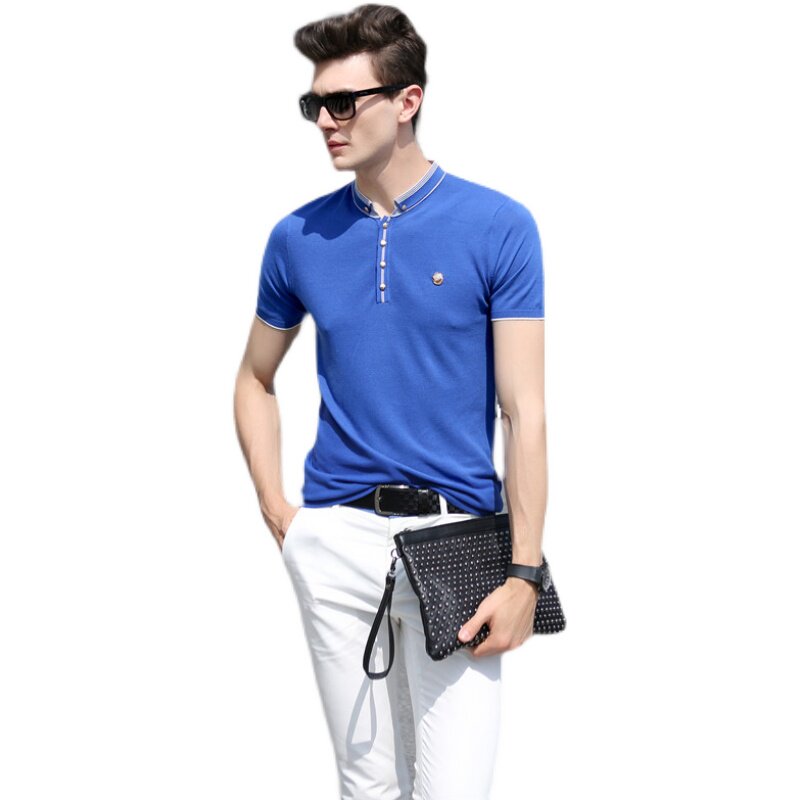 SUMMER STAND-UP COLLAR SHORT SLEEVE T-SHIRT MENS TENCEL TIDE BRAND KNITTED HALF-SLEEVED SLIM BASE SHIRT YOUTH HIGH-END T-SHIRT