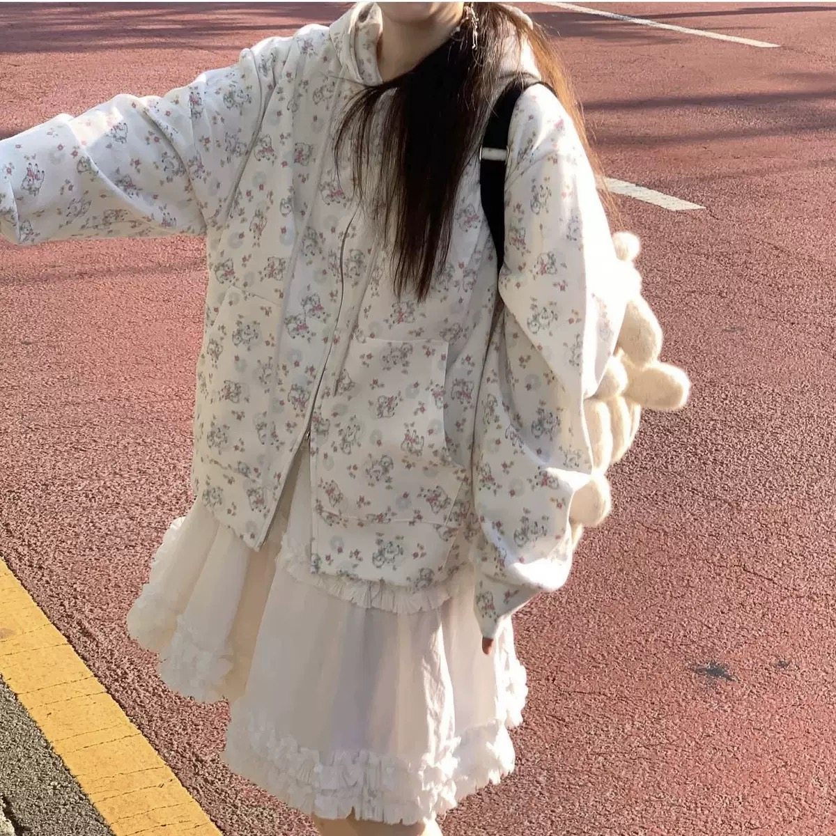 Suhoo韩国mabling法式少女感小羊碎花连帽外套卫衣拉链开衫