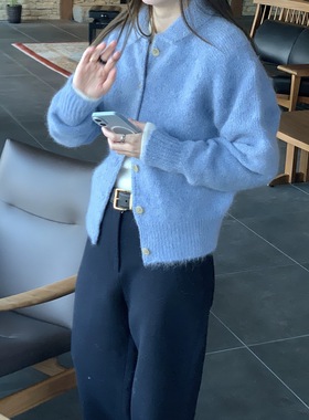 秒发韩国lerobe美娜家baby蓝色圆领针织开衫女单排扣毛衣外搭外套