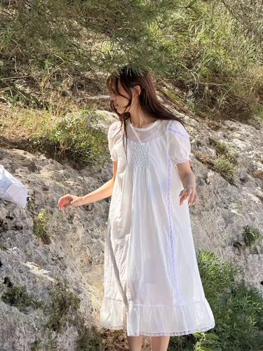 fletta韩系蕾丝拼接法式甜美减龄泡泡袖连衣裙100%棉