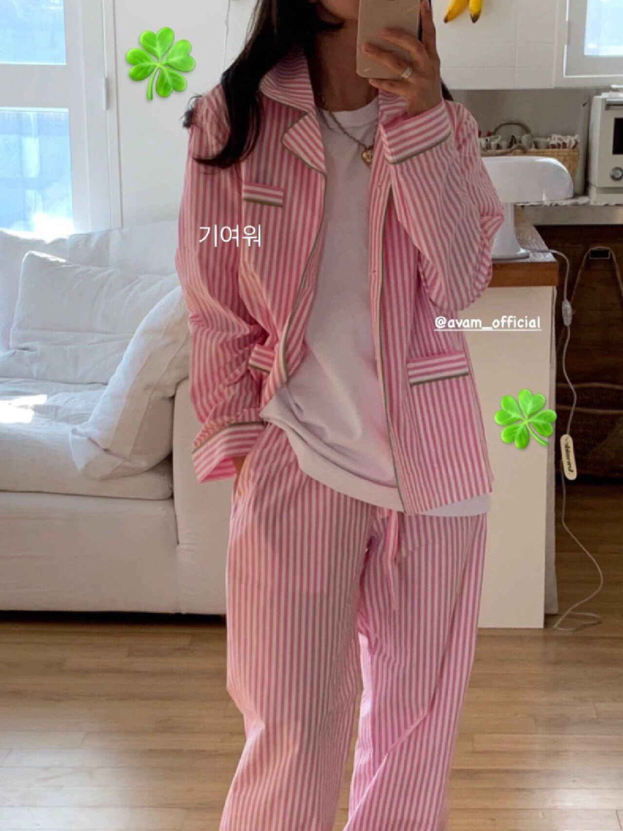 Suhoo韩国小众AVAM春日清新粉色条纹睡衣睡裤套装原单fever同款