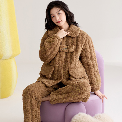 三层加厚珊瑚绒夹棉睡衣女款加绒