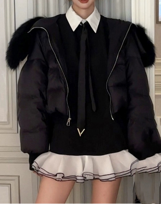 可拆卸貉子毛领鹅绒羽绒外套