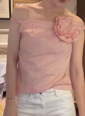 SSAVAGE“栀红朵”红白竖条纹立体玫瑰一字肩吊带上衣SS91199