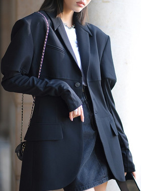 CAN2021秋季新款 设计感小众黑色西装外套女休闲时尚气质长款西服