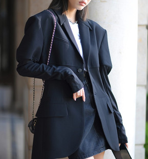 气质长款 CAN2021秋季 外套女休闲时尚 设计感小众黑色西装 西服 新款