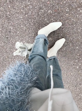 ALUONLINESHOP 浅蓝色复古水洗做旧牛仔裤女春秋季裁剪边宽松长裤