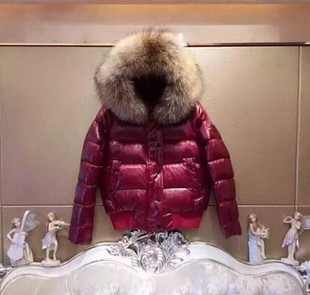 酒红色超大貉子毛领 羽绒皇帝精品女装白鹅绒保暖短款羽绒服